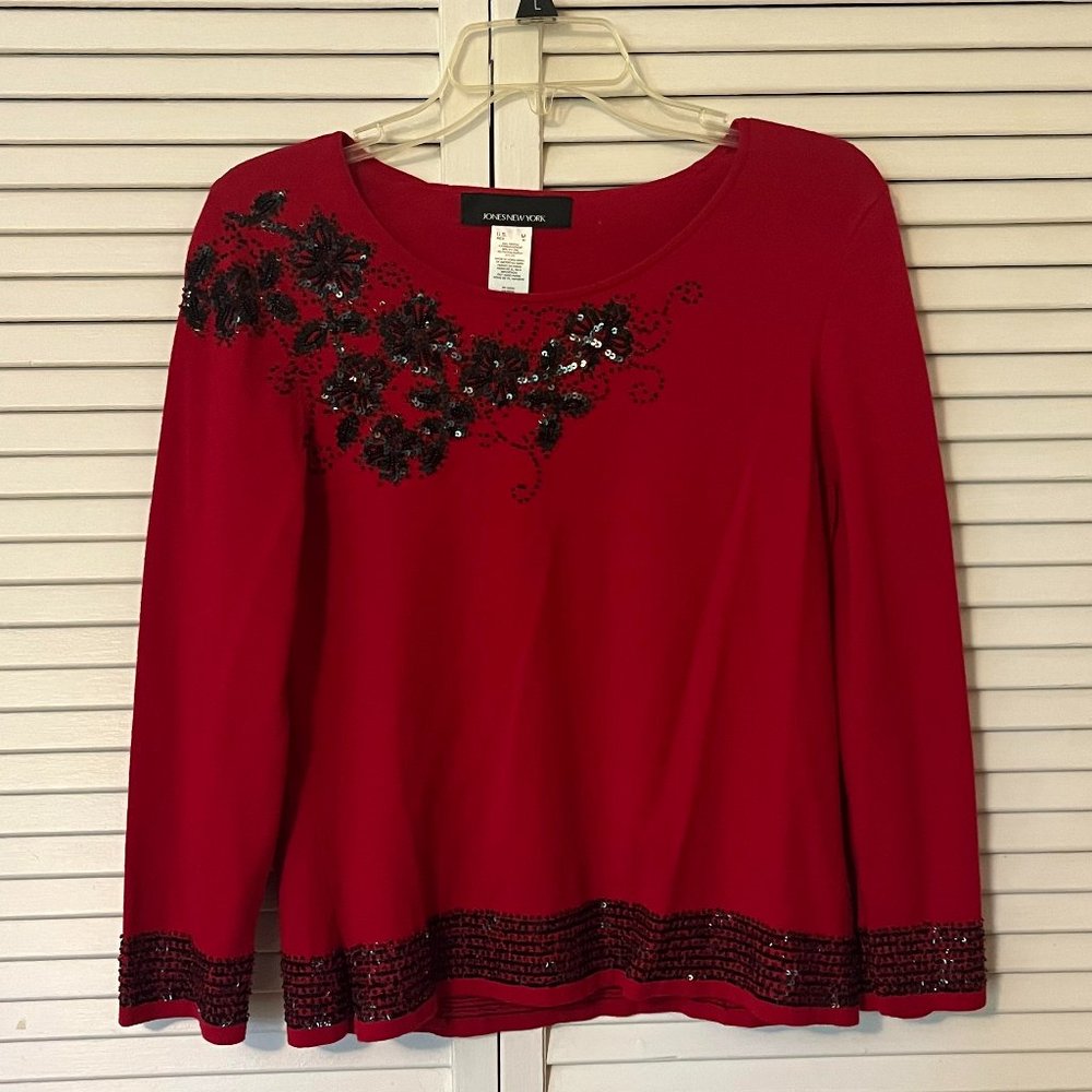 Red long-sleeve beaded shirt